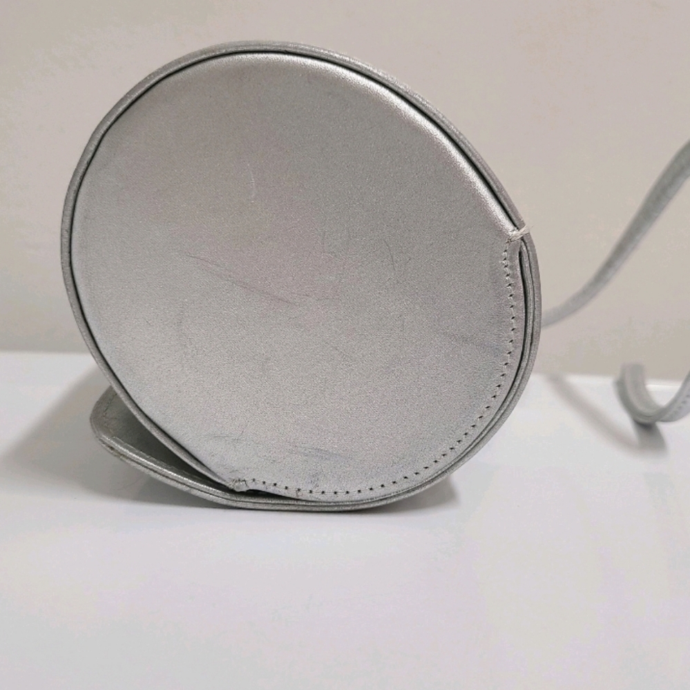 Stuart Weitzman VINTAGE Silver Satin Round Crossbody Bag with Leather Strap - Picture 12 of 14
